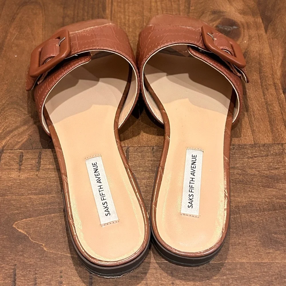 Saks Fifth Avenue Brown Leather Croc Embossed Buckle Slide Sandals 6.5